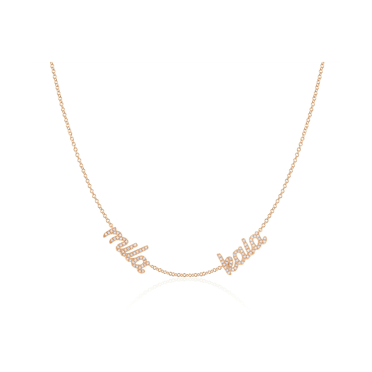 Double Diamond Script Name Necklace in 14k rose gold with names mila and kala