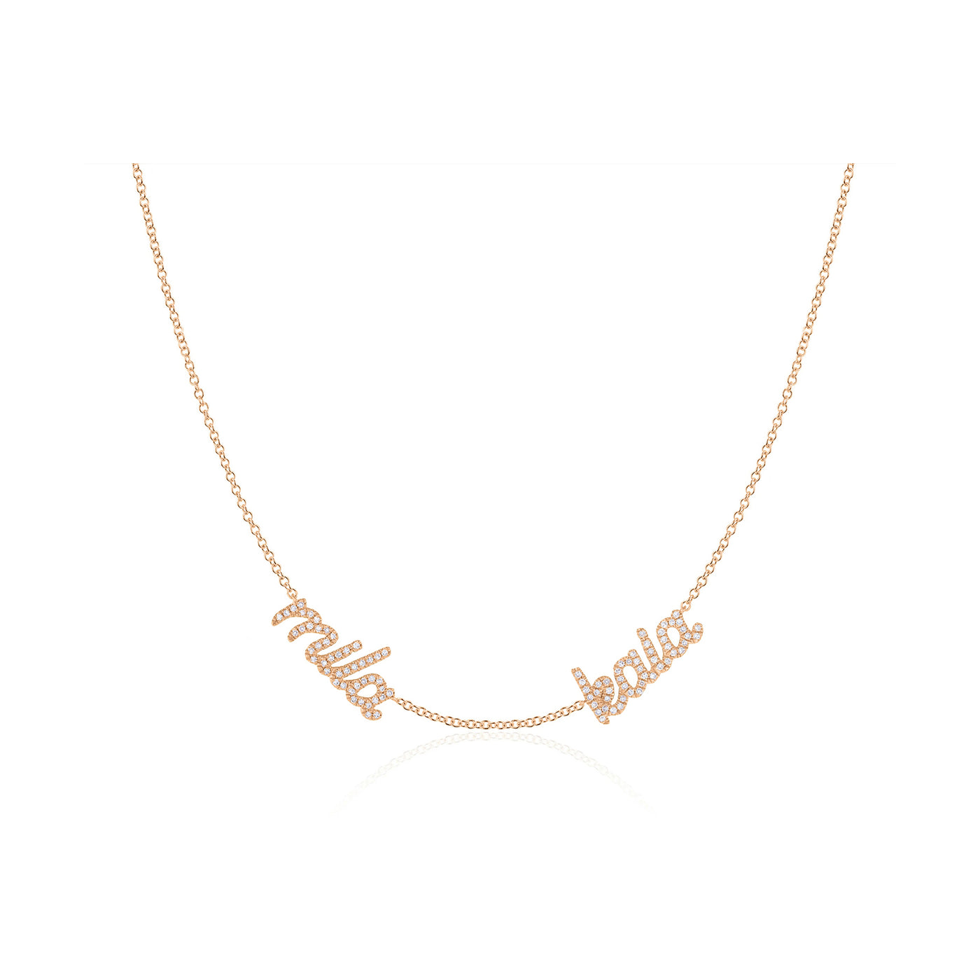 Double Diamond Script Name Necklace in 14k rose gold with names mila and kala