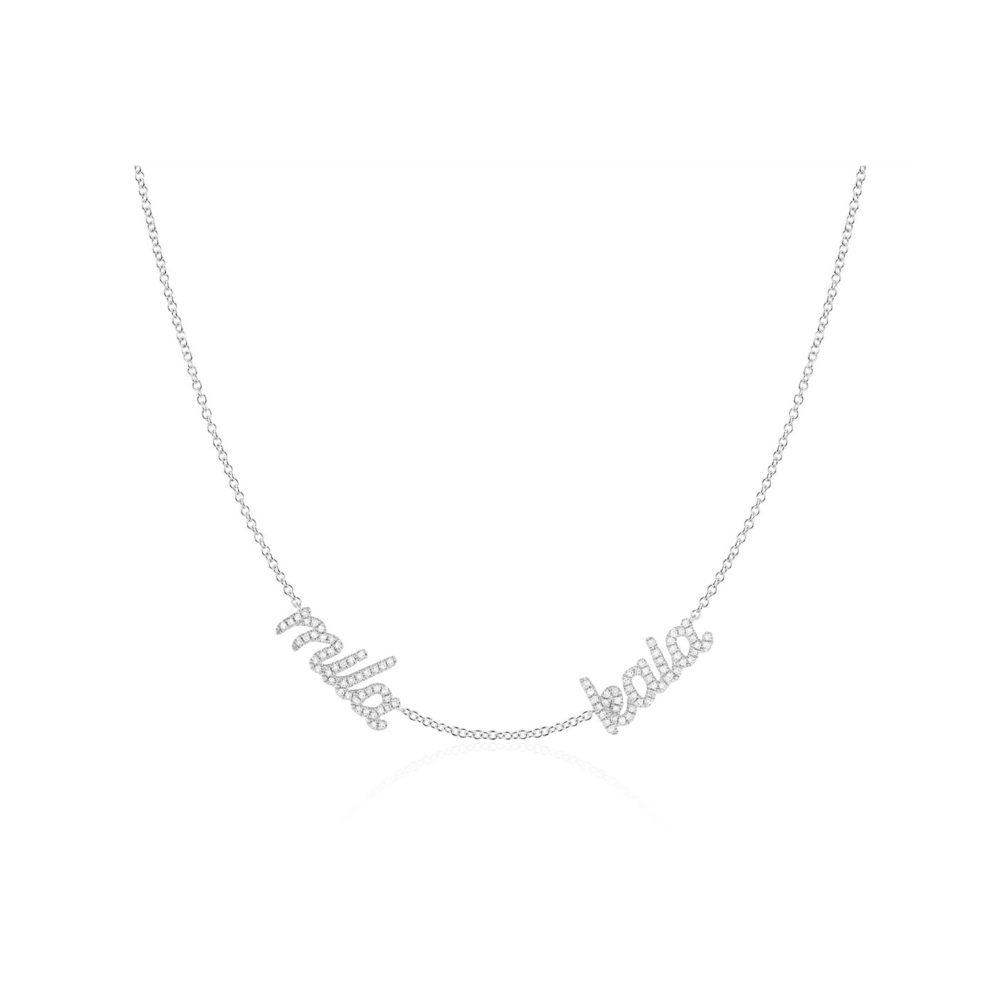 Double Diamond Script Name Necklace in 14k white gold with names mila and kala