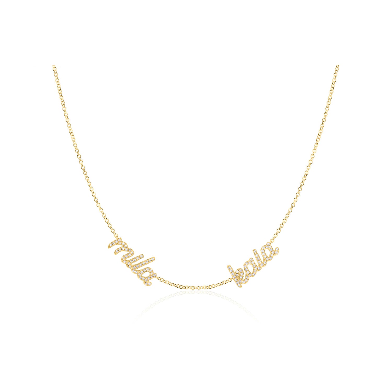 Double Diamond Script Name Necklace in 14k yellow gold with names mila and kala