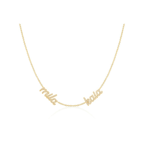 Double Diamond Script Name Necklace in 14k yellow gold with names mila and kala