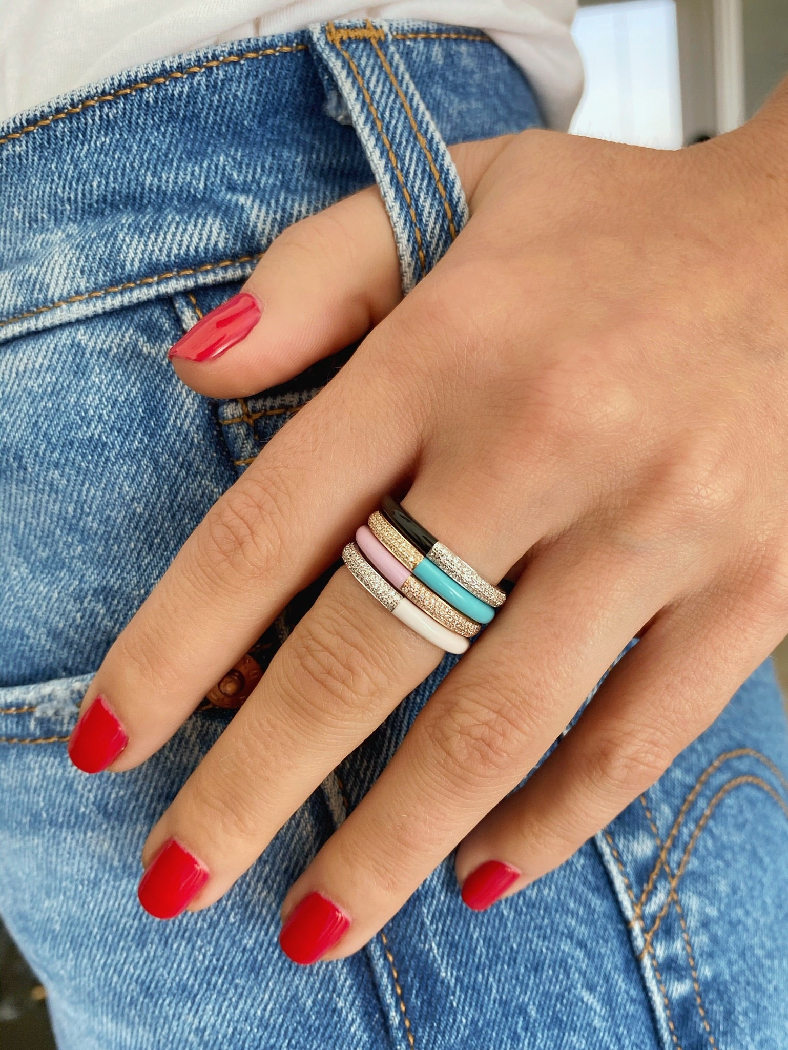 Two Tone Diamond & White Enamel Band Ring