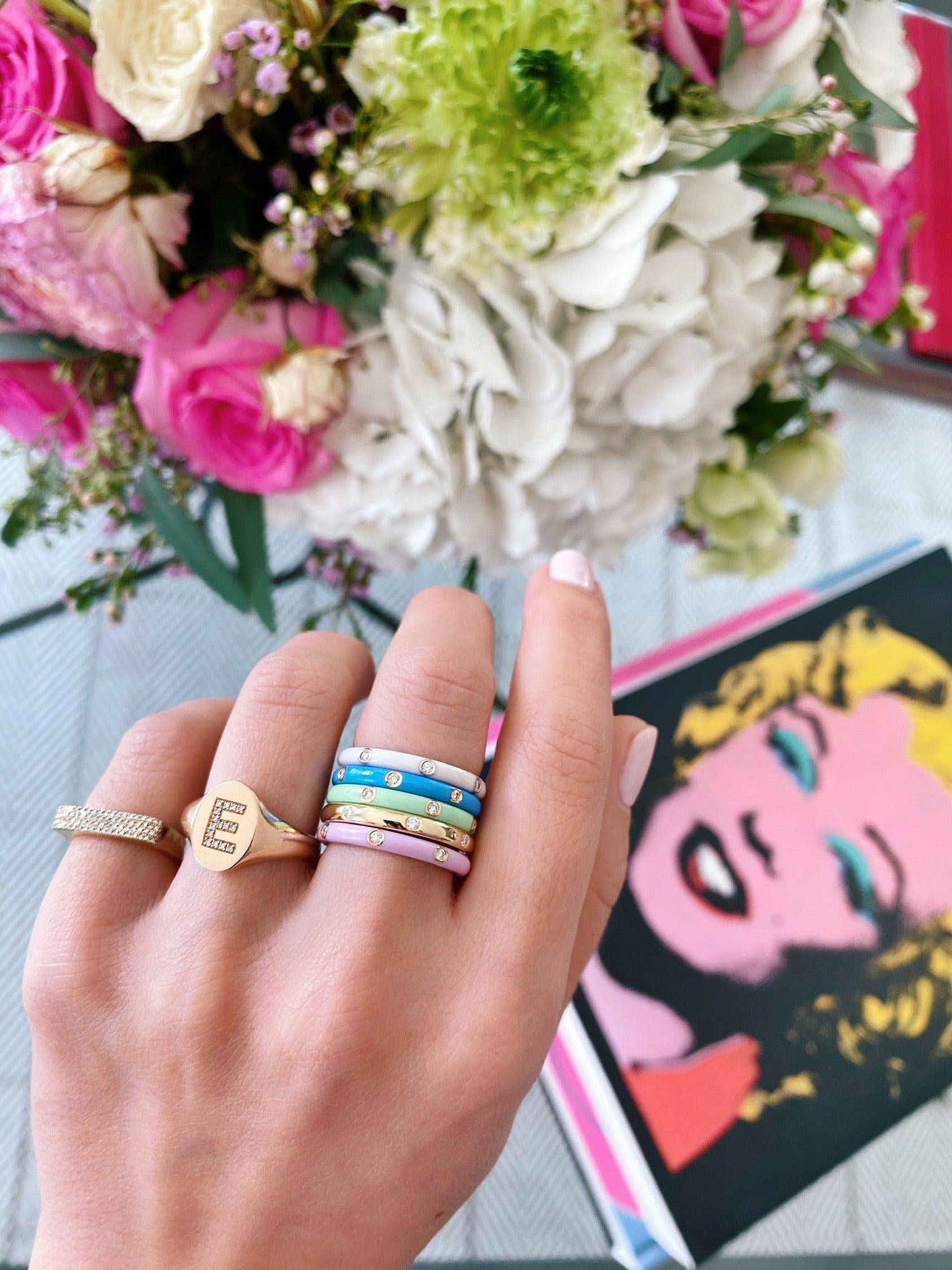 3 Diamond Mint Enamel Stack Ring