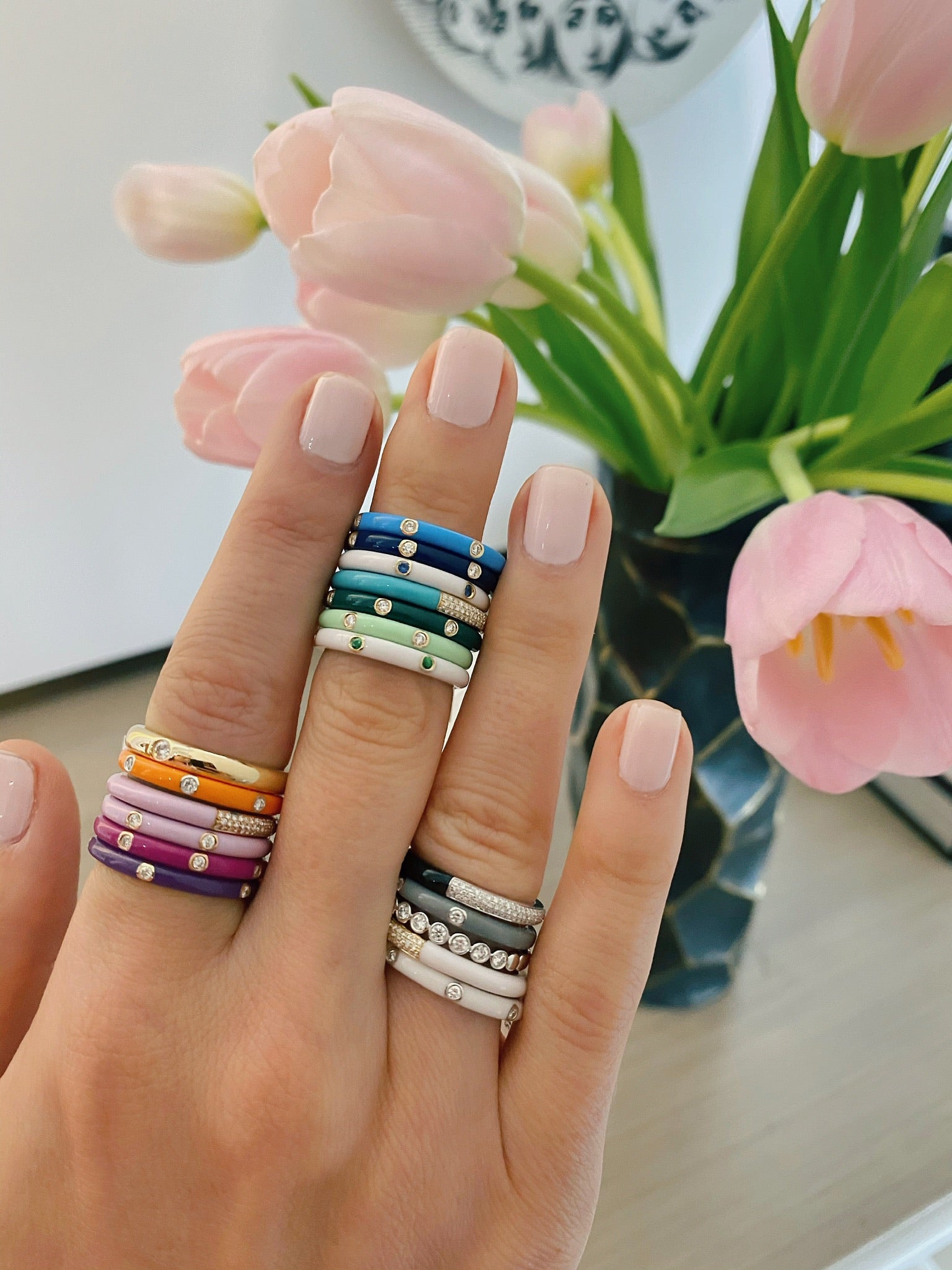 3 Diamond Light Grey Enamel Stack Ring