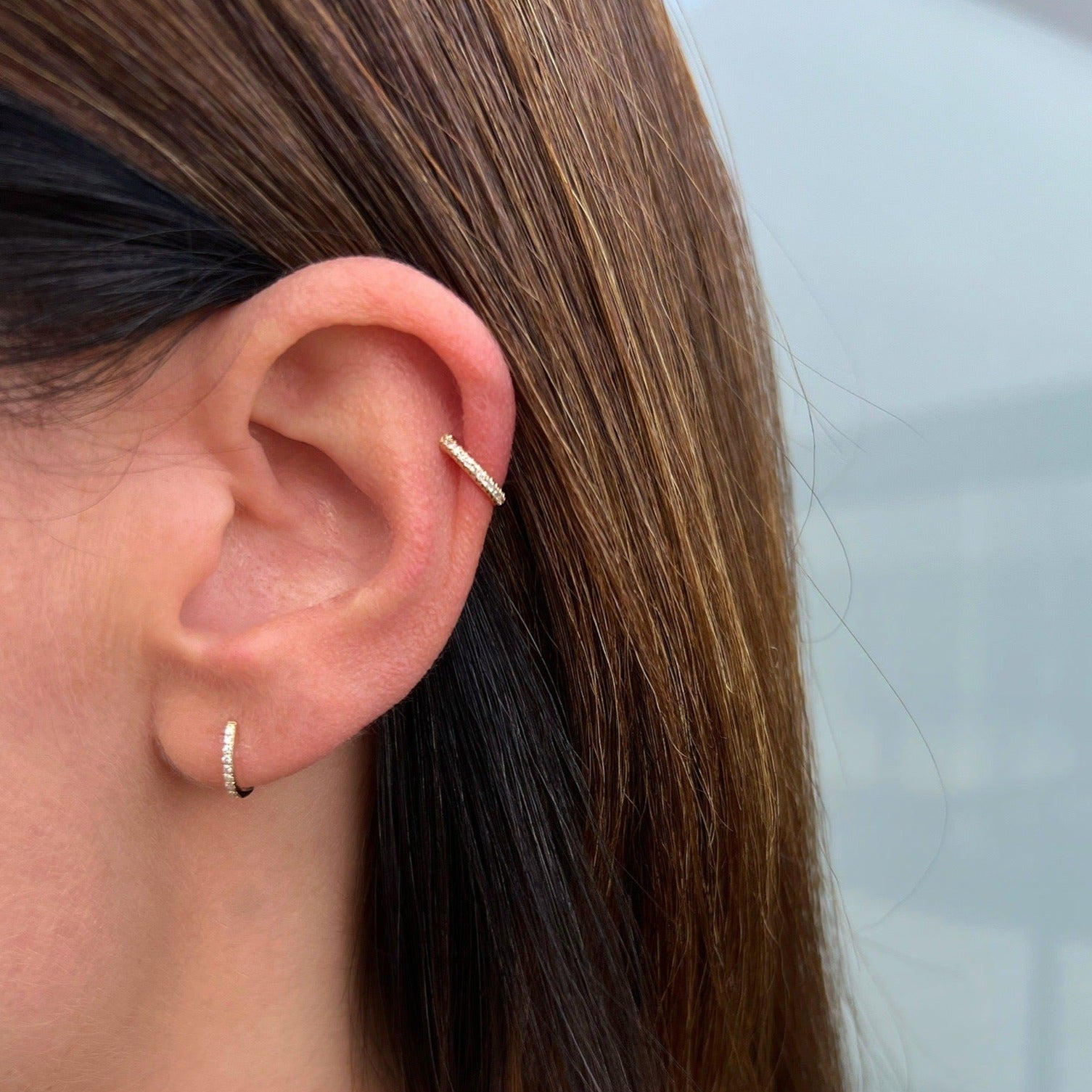 Diamond Duo Gift Set Earrings in 14k Yellow Gold styled on ear