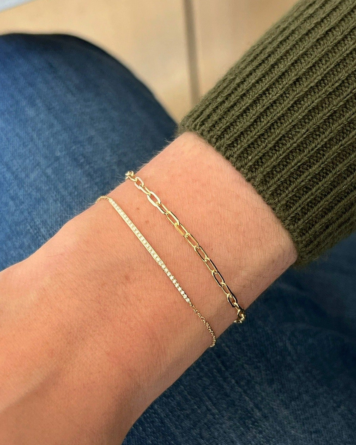 Diamond Bar Chain Bracelet in 14k Yellow Gold Styled on Wrist
