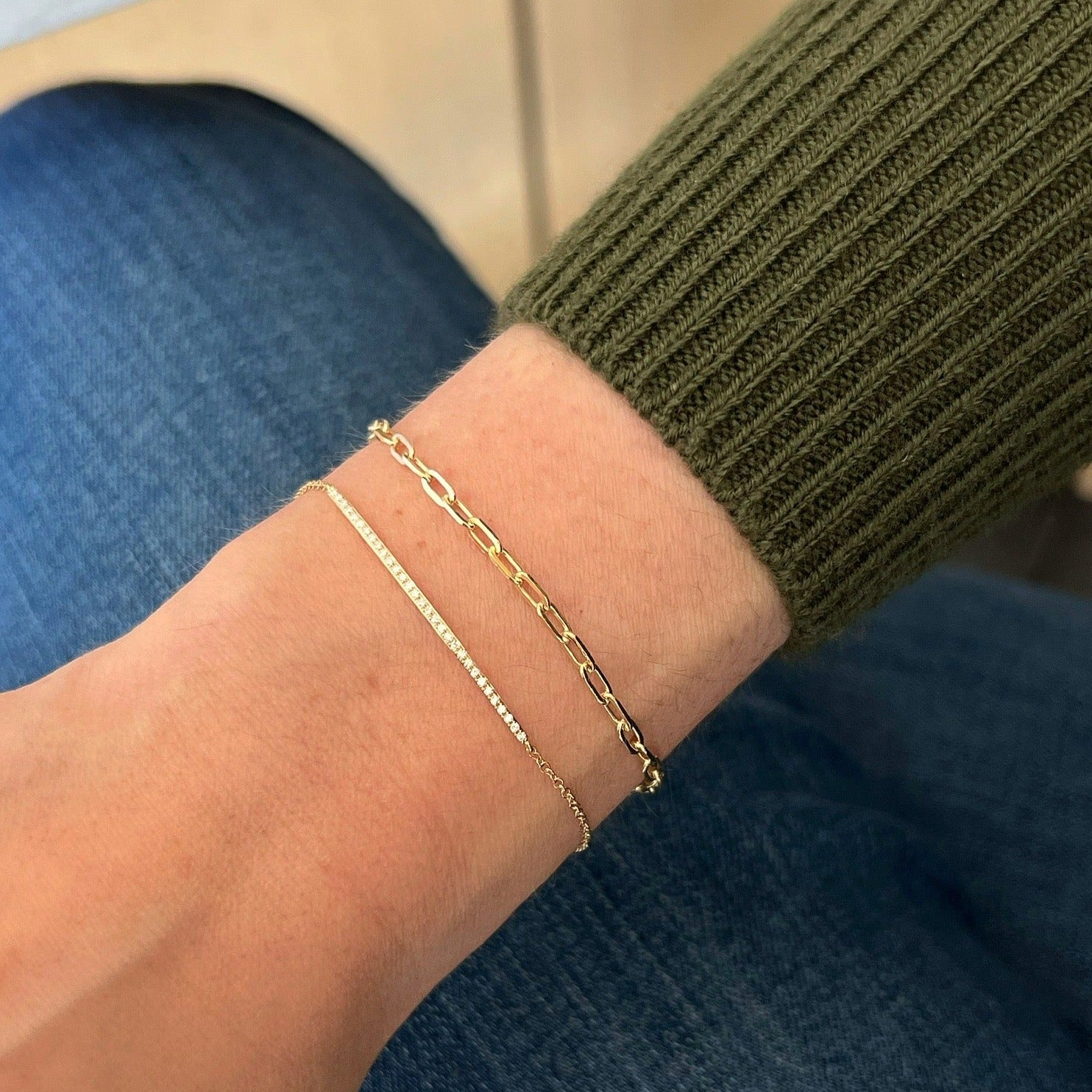 Diamond Bar Chain Bracelet in 14k Yellow Gold Styled on Wrist