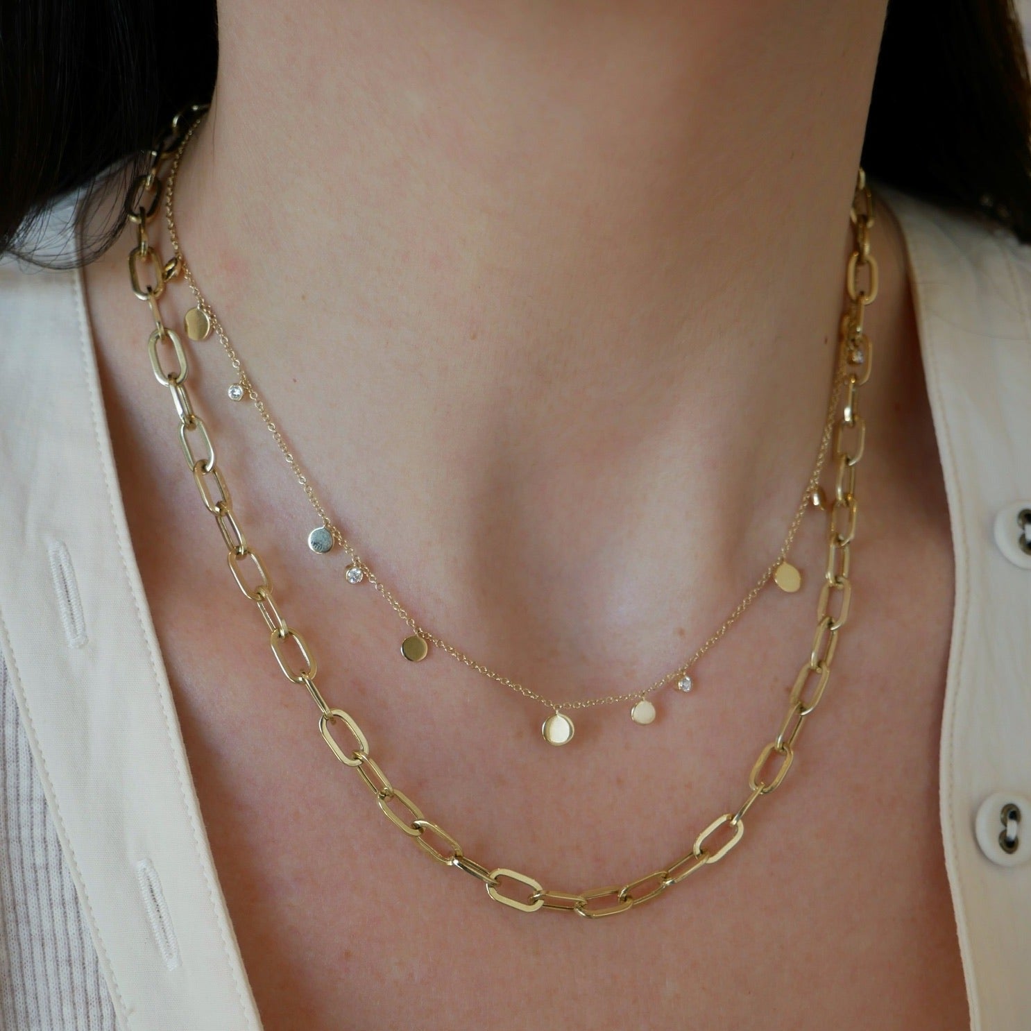 Gold & Diamond Confetti Necklace in yellow gold on the neck