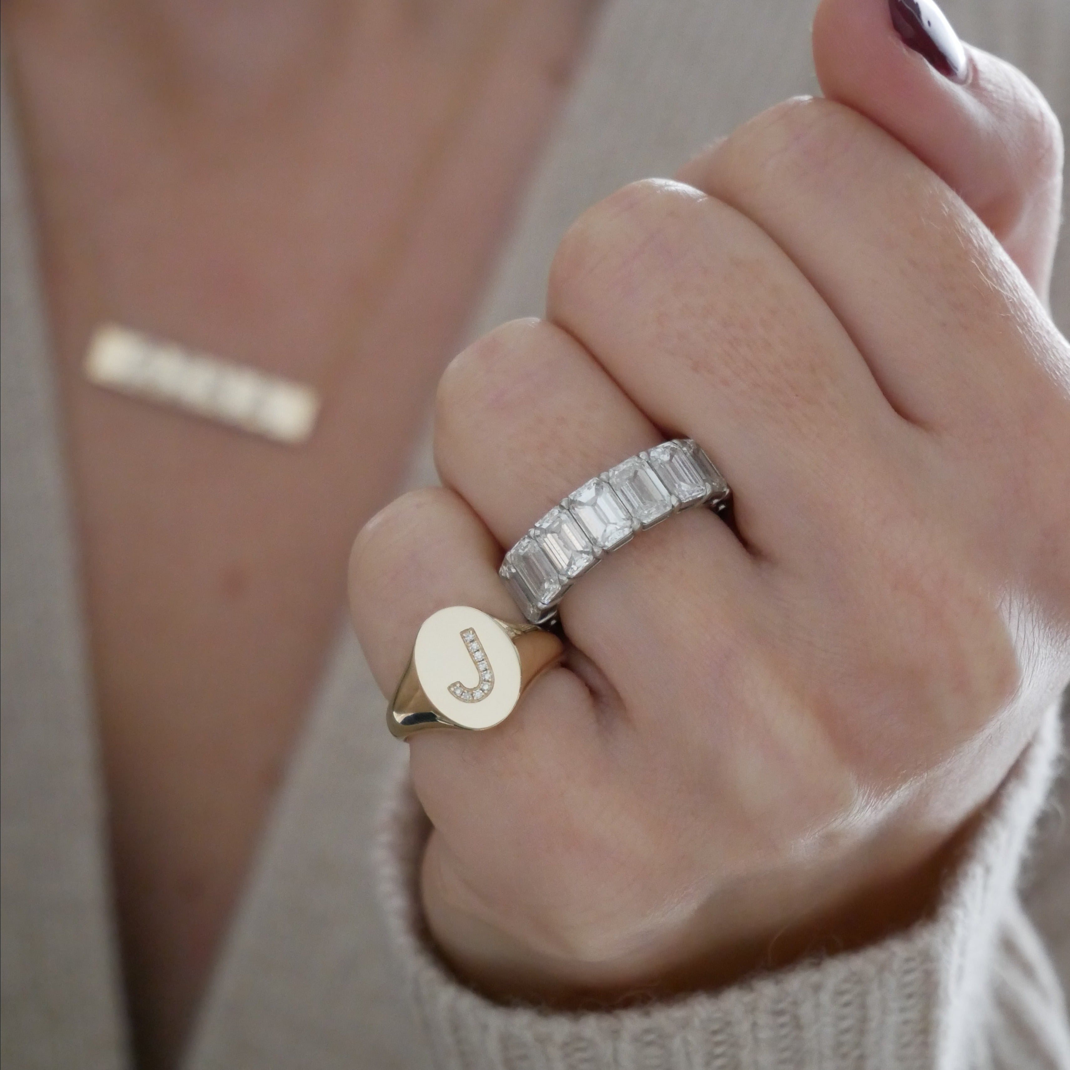 Gold Oval Signet With Diamond Initial Ring
