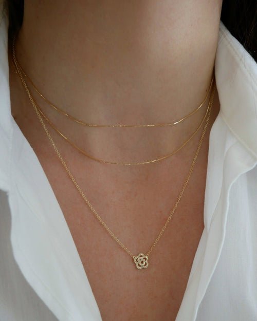 14K Yellow Gold Diamond Rose Necklace on Neck