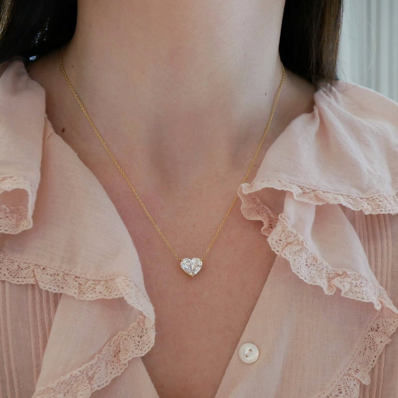 Diamond Heart Solitaire Necklace in 18k yellow gold with 3.01 carat heart shaped diamond styled on neck of model