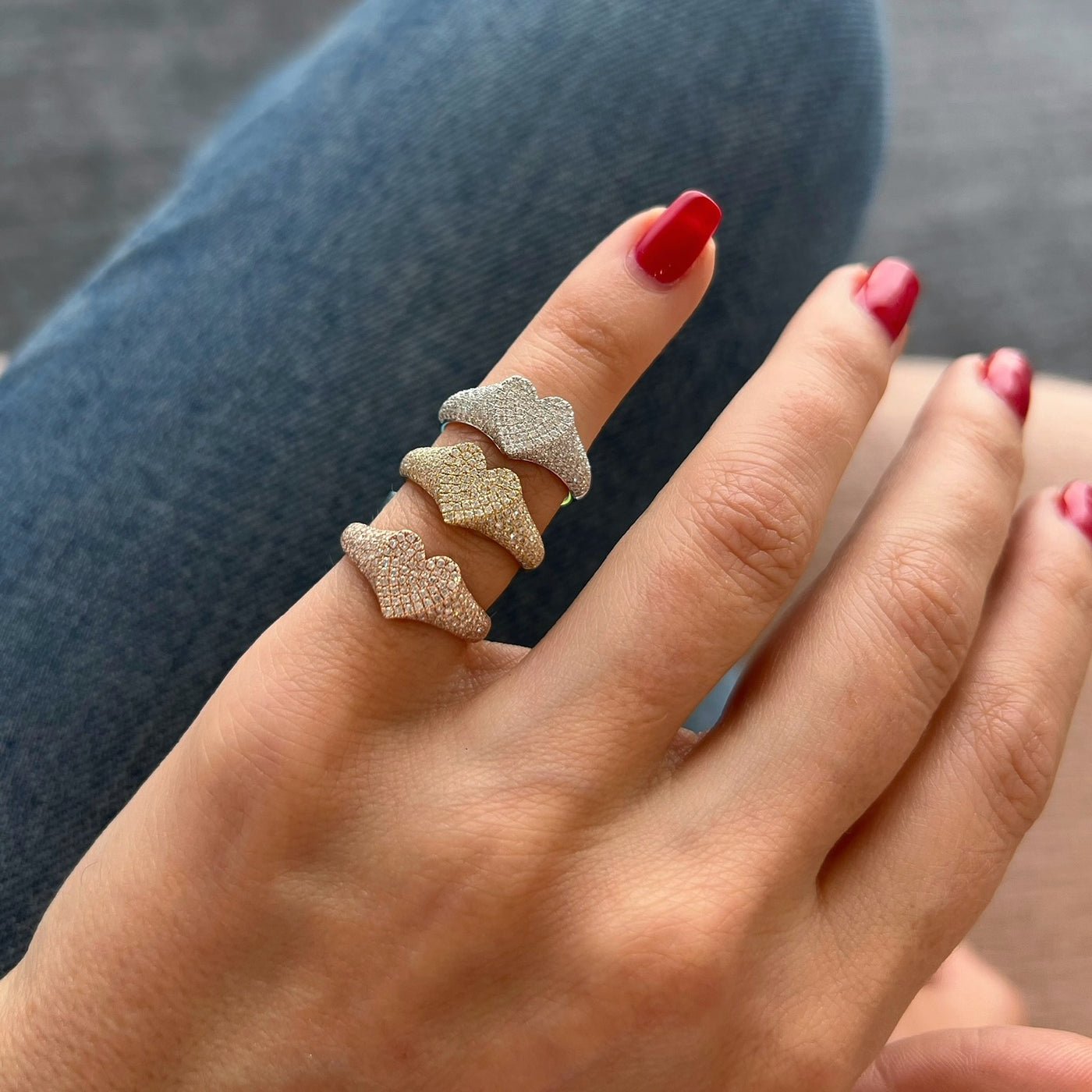 Diamond Heart Signet Ring in 14k Yellow Gold, 14k Rose Gold, and 14k White Gold Styled on Pinky Finger