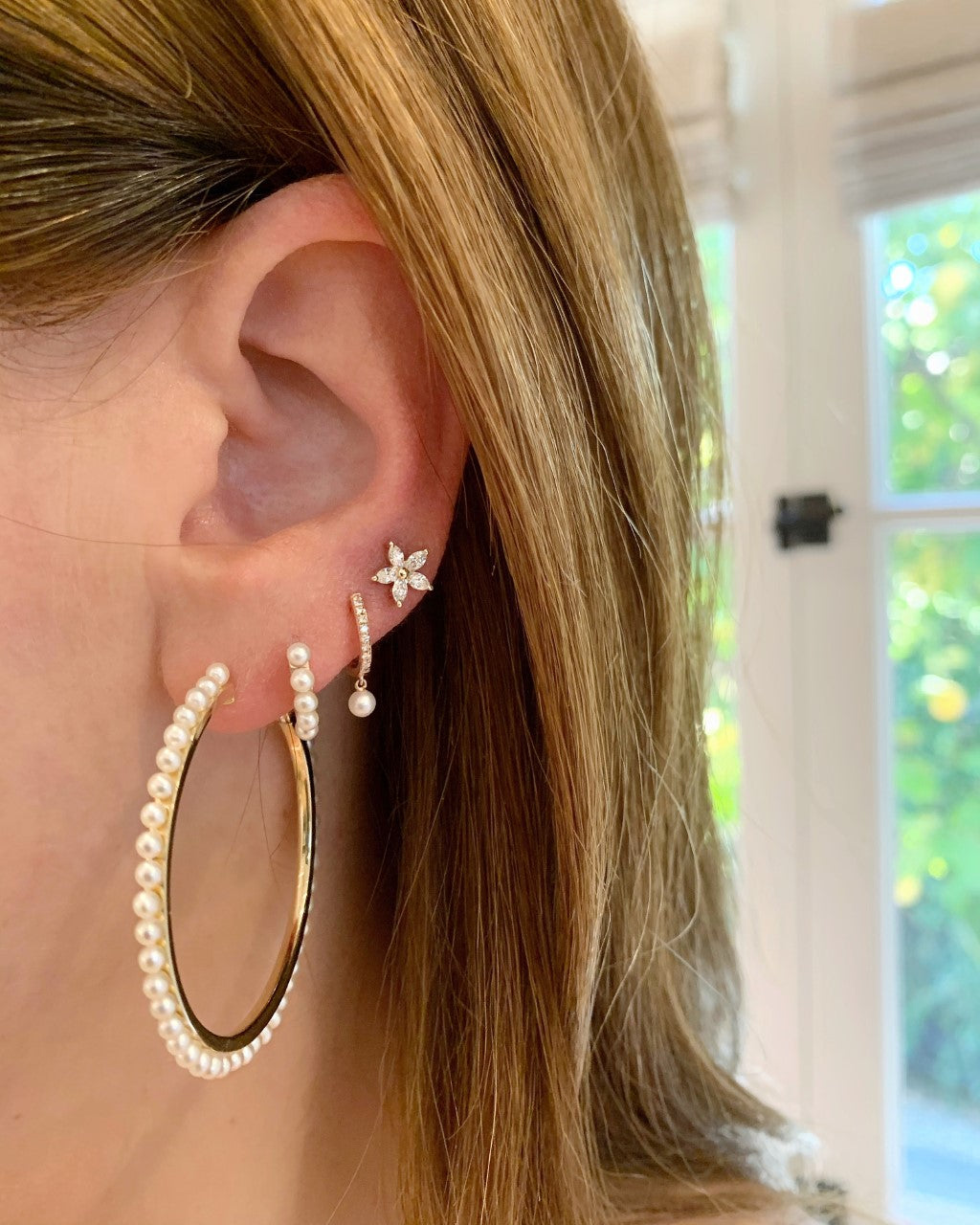 Pearl Drop Diamond Mini Huggie Earring