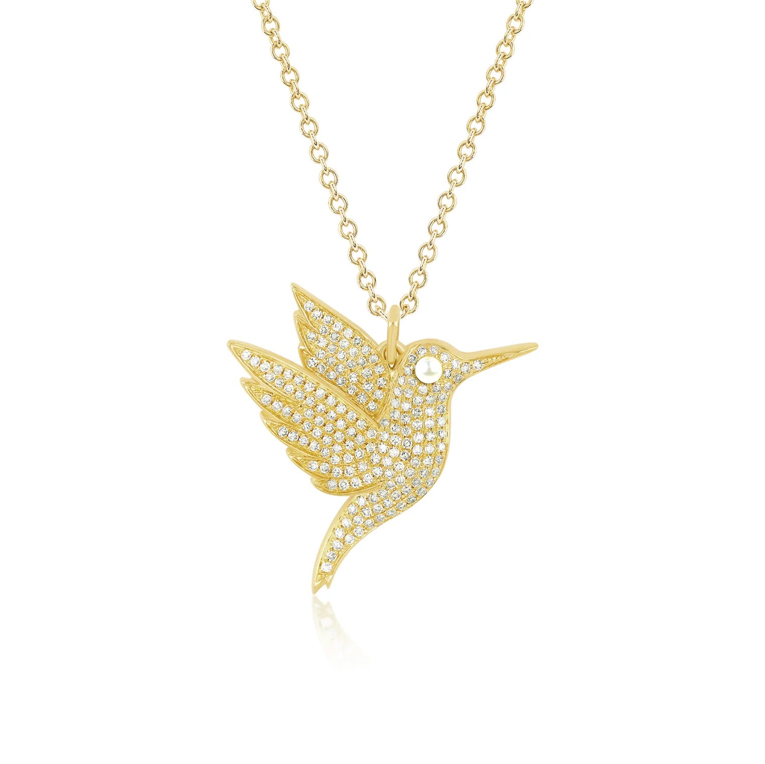 Pavé Diamond Hummingbird Necklace in 14k yellow gold with pearl birthstone eye 
