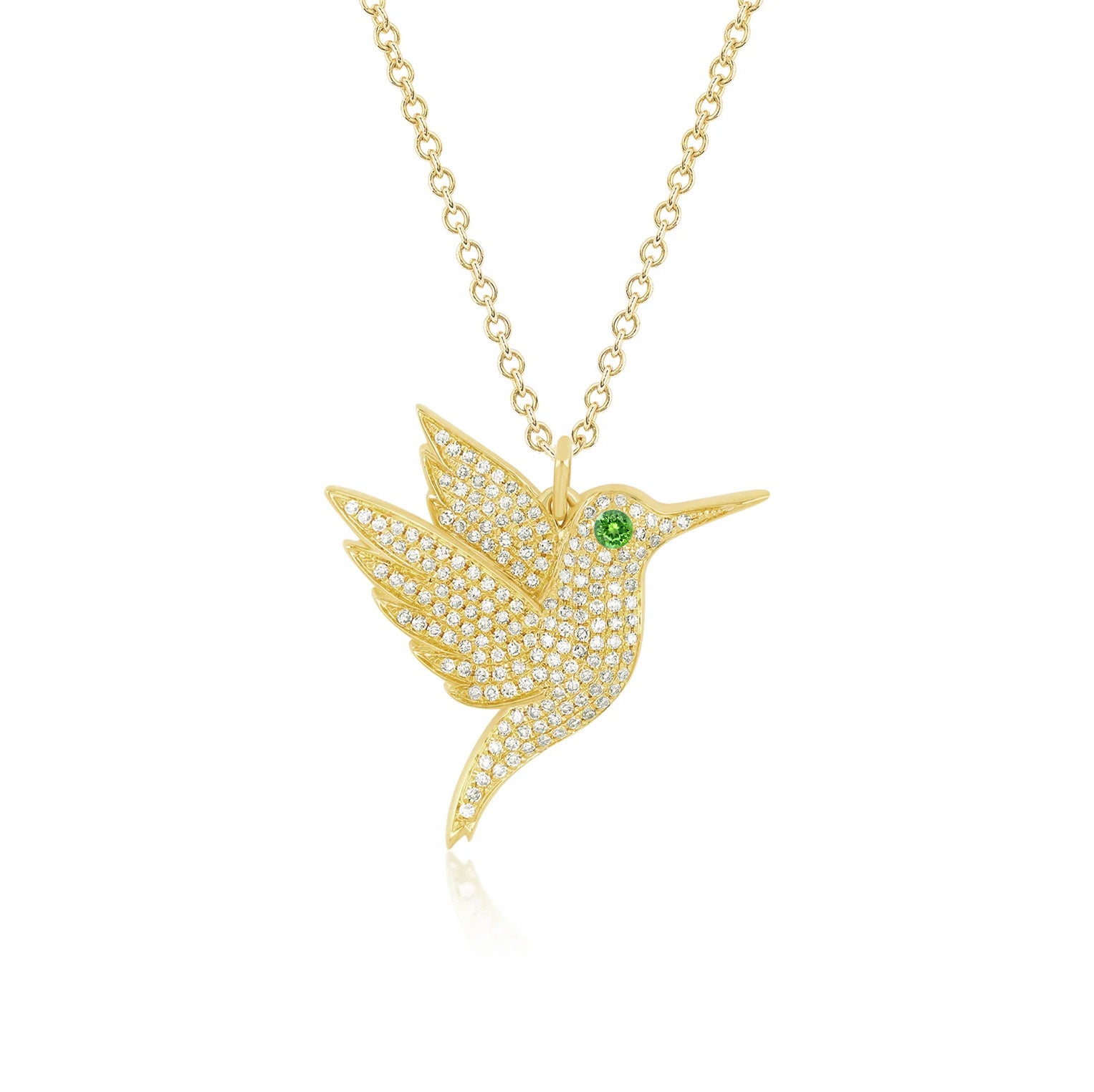 Pavé Diamond Hummingbird Necklace in 14k yellow gold with peridot birthstone eye