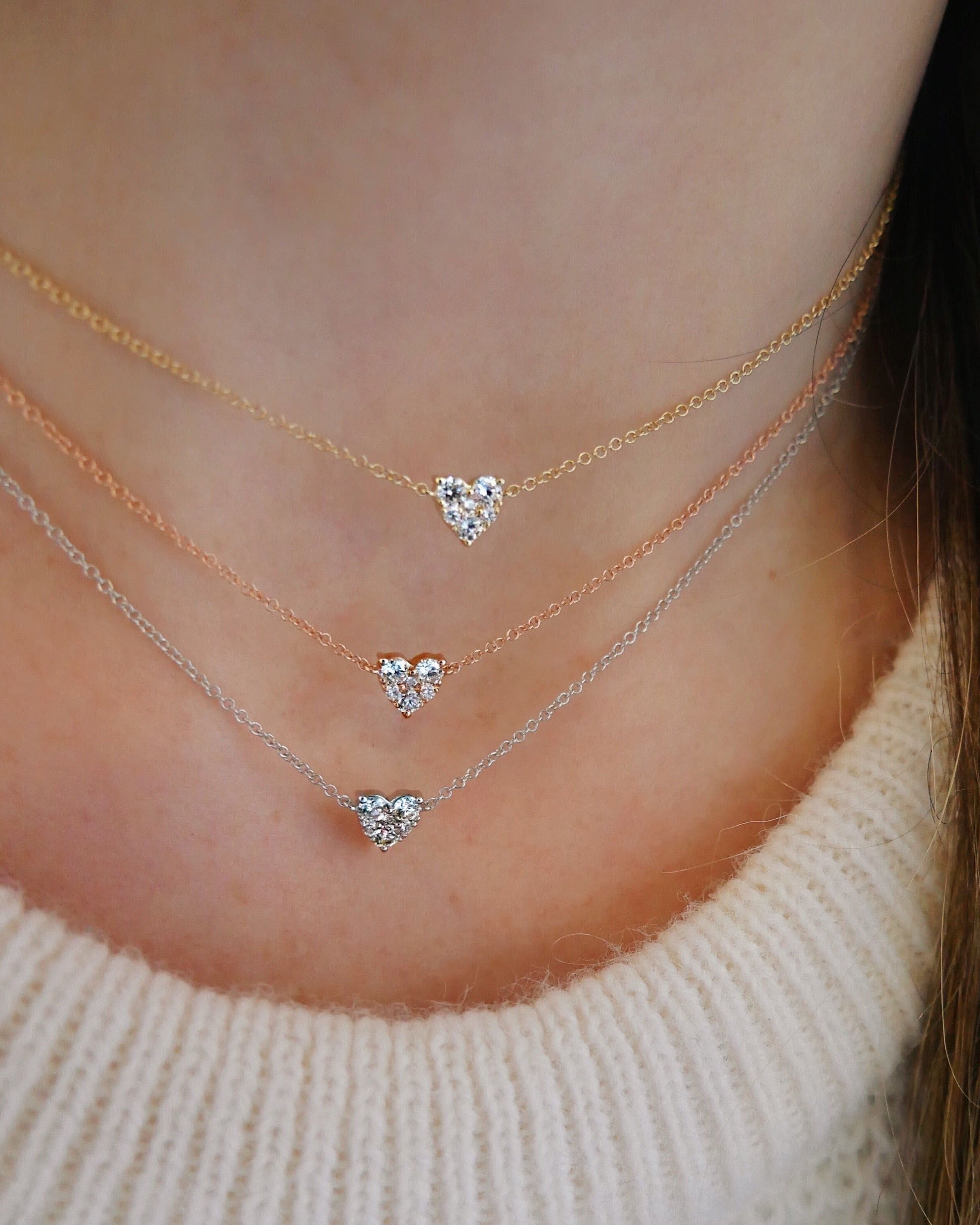 Full Cut Diamond Heart Choker Necklace in 14k Yellow Gold, 14k Rose Gold, and 14k White Gold Styled on Neck