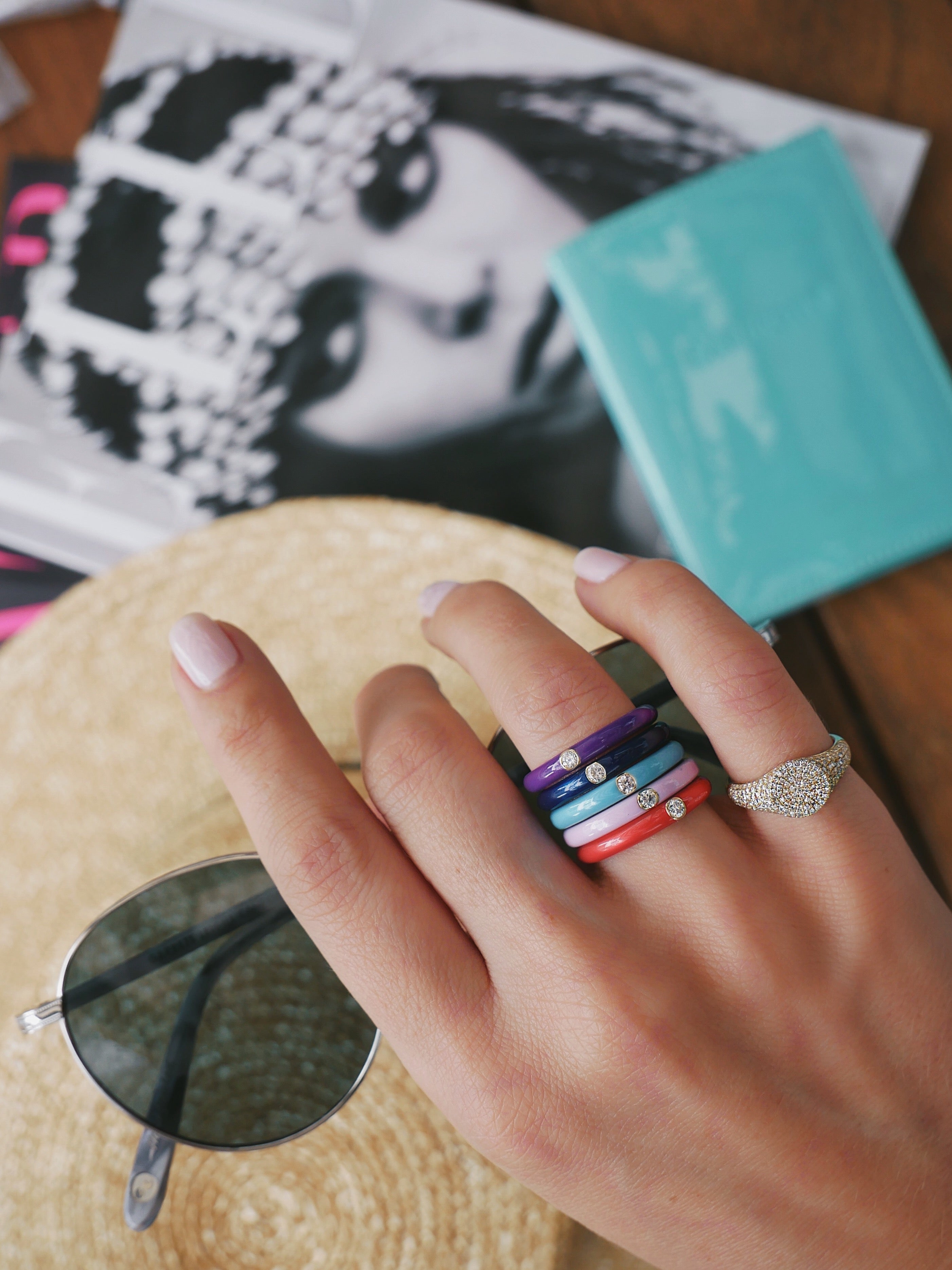 Jumbo Single Diamond Black Enamel Stack Ring