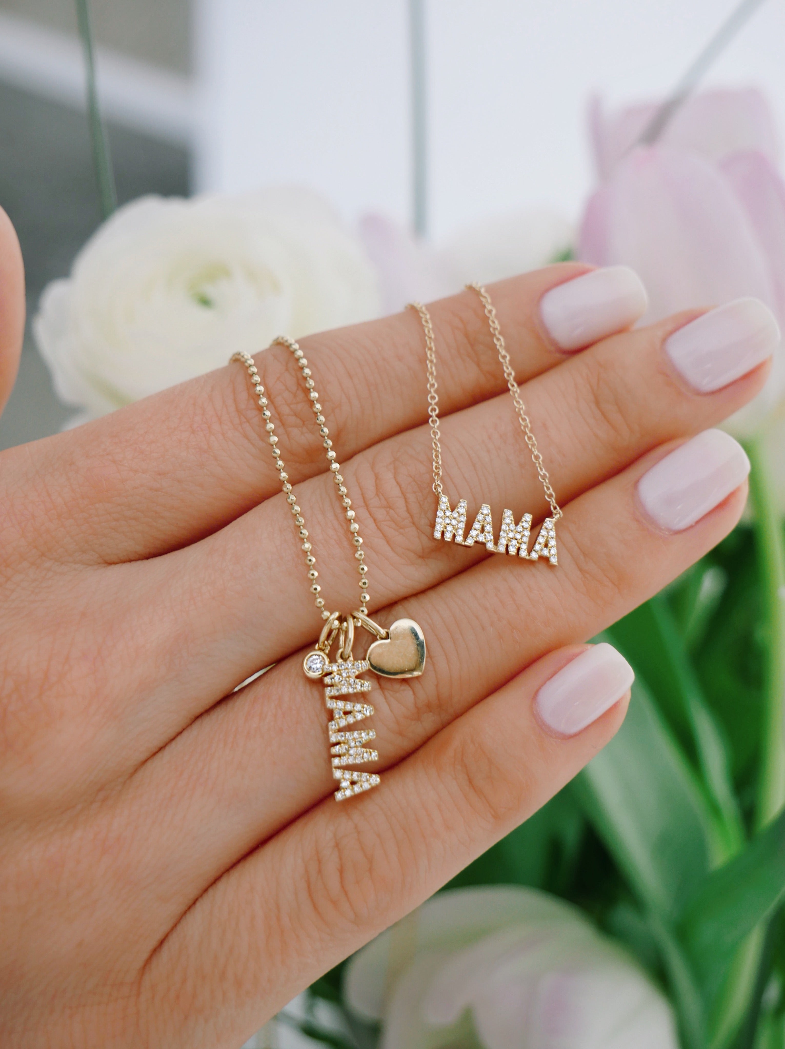 Diamond Mama Necklace for Women - 14k Real Gold Mother Daughter Necklaces -  Mom Letter Pendant Necklace - Delicate Diamond Jewelry - Christmas Gifts –  Gelin Diamond