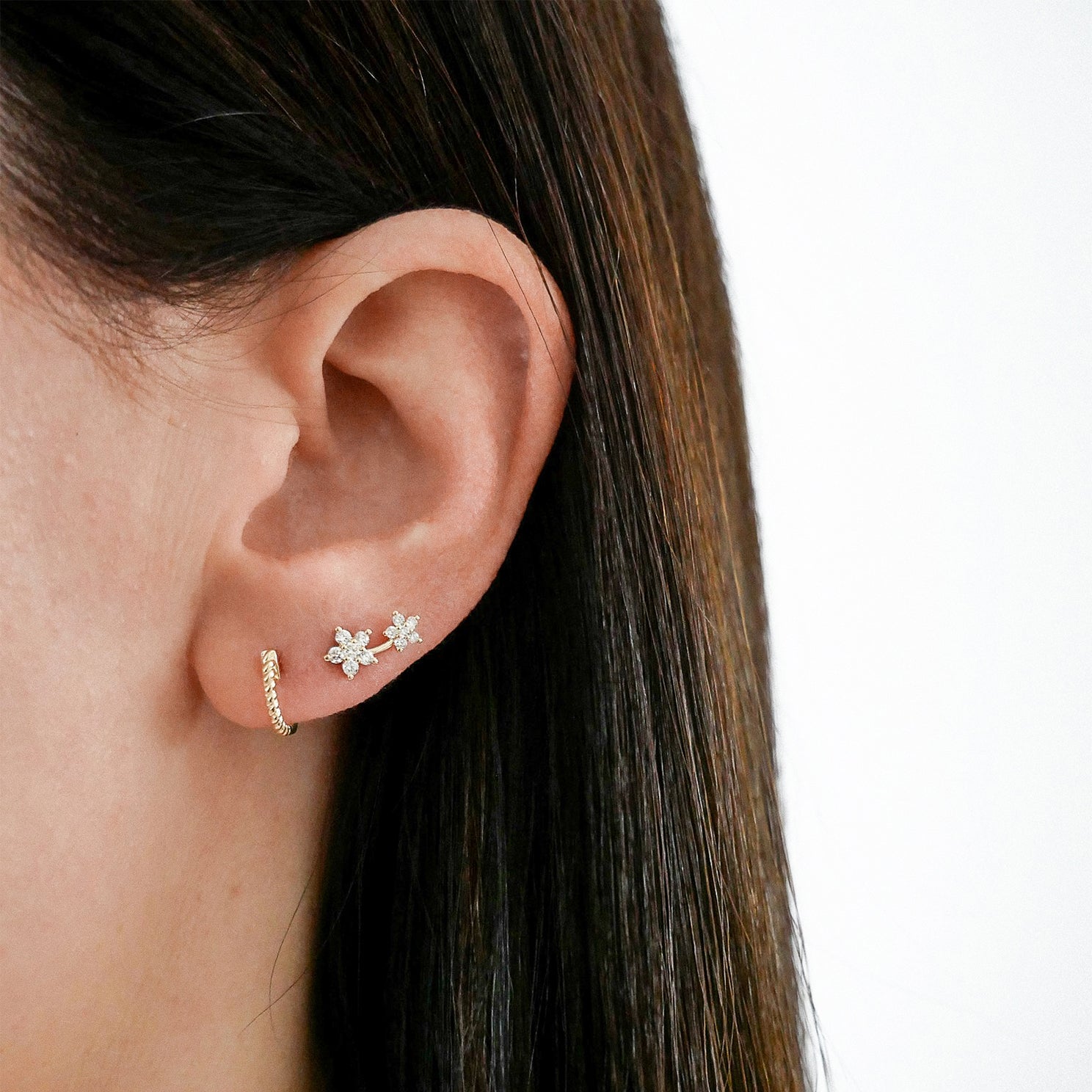 Diamond Double Flower Stud Earring