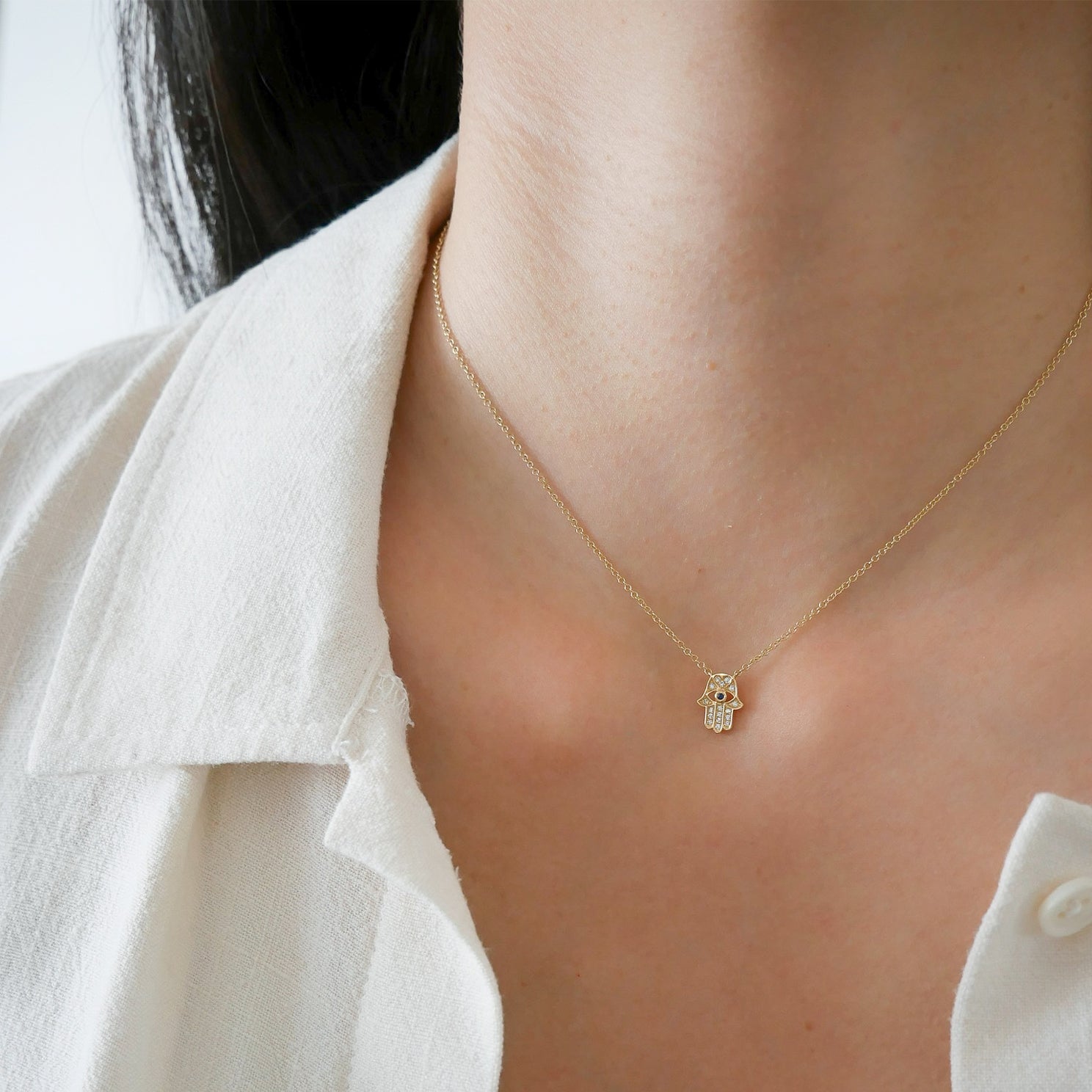 Diamond Hamsa with Blue Sapphire Eye Necklace