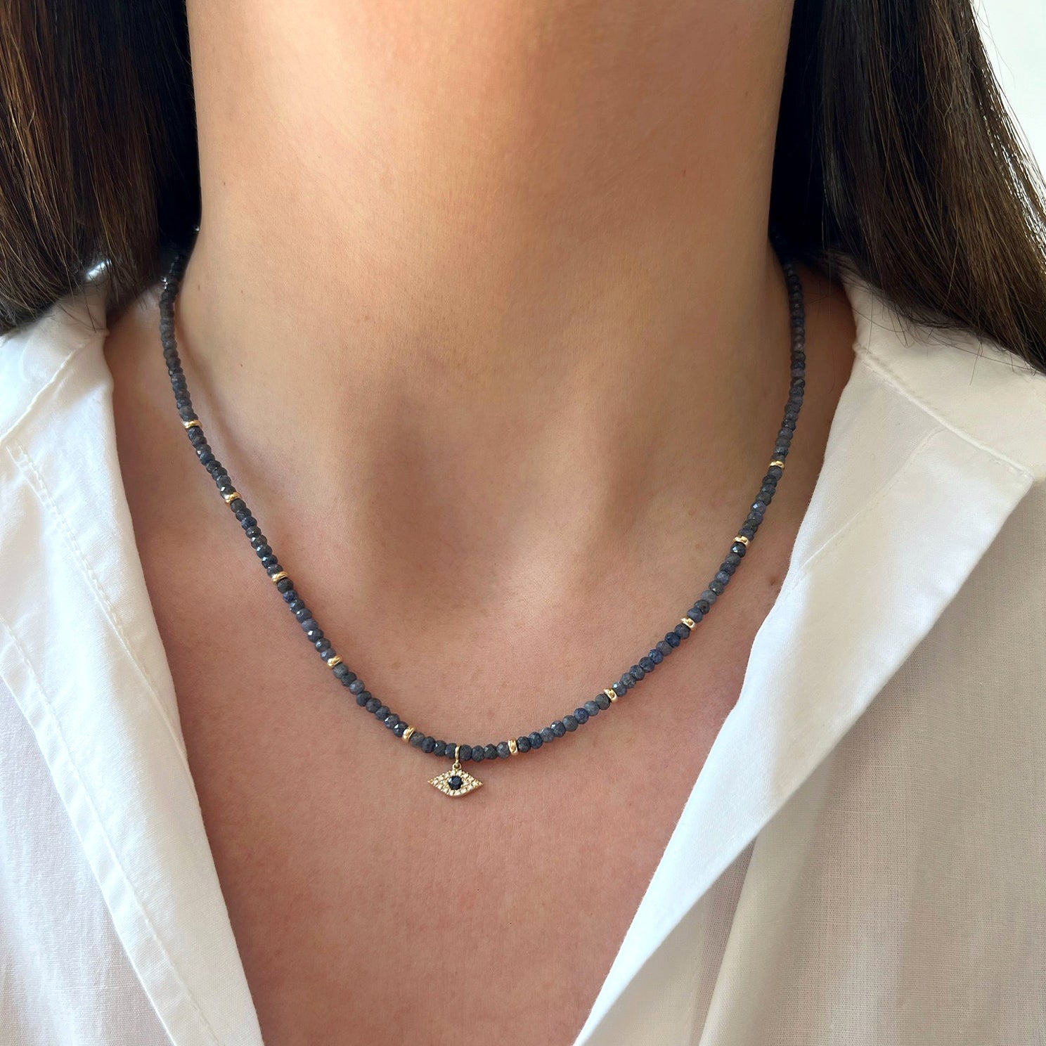 Blue Sapphire Birthstone Bead & Diamond Evil Eye Necklace