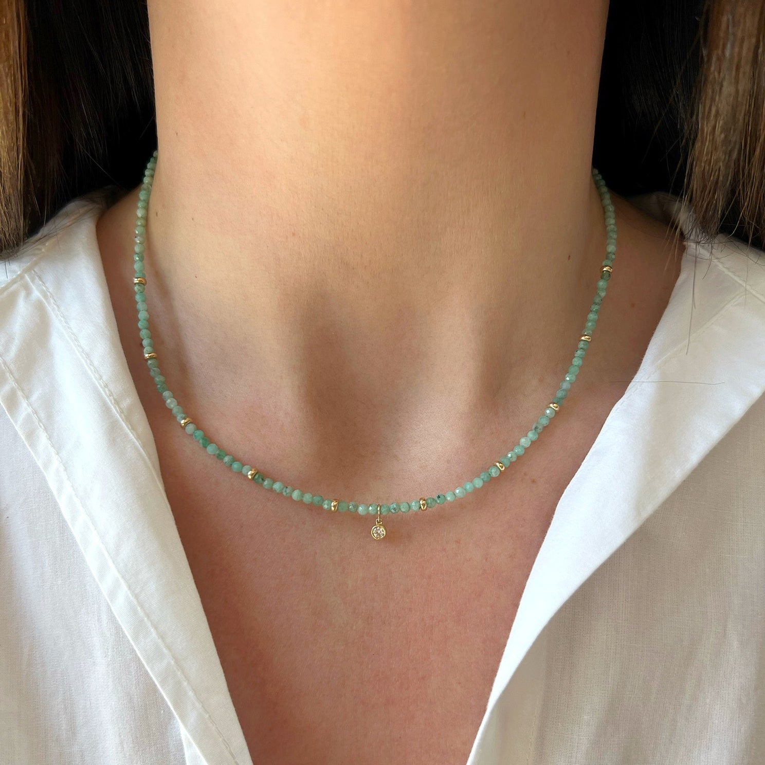 Emerald Birthstone Bead & Bezel Diamond Necklace