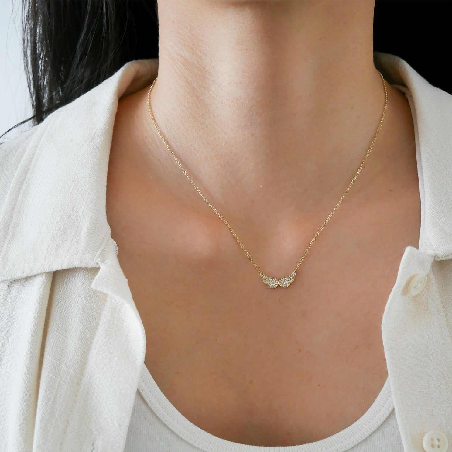 Diamond Double Angel Wing Necklace, 14k Gold