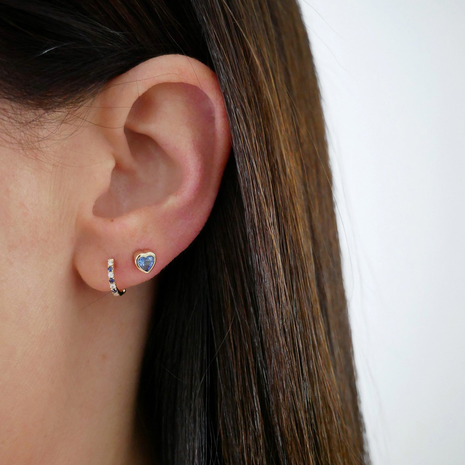 Diamond & Blue Sapphire Dot Mini Huggie Earring
