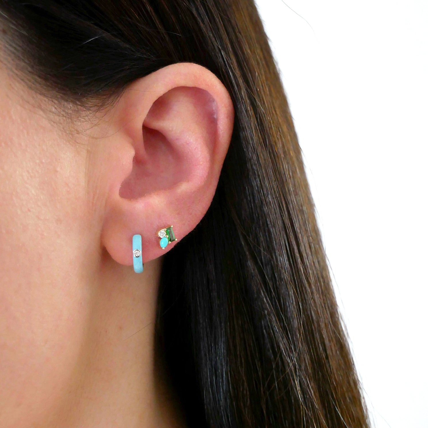 Diamond Turquoise Enamel Huggie Earring