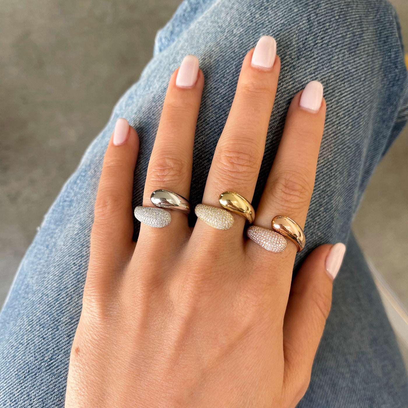 Gold and Diamond Jumbo Double Dome Ring styled on the hand in all finishes 