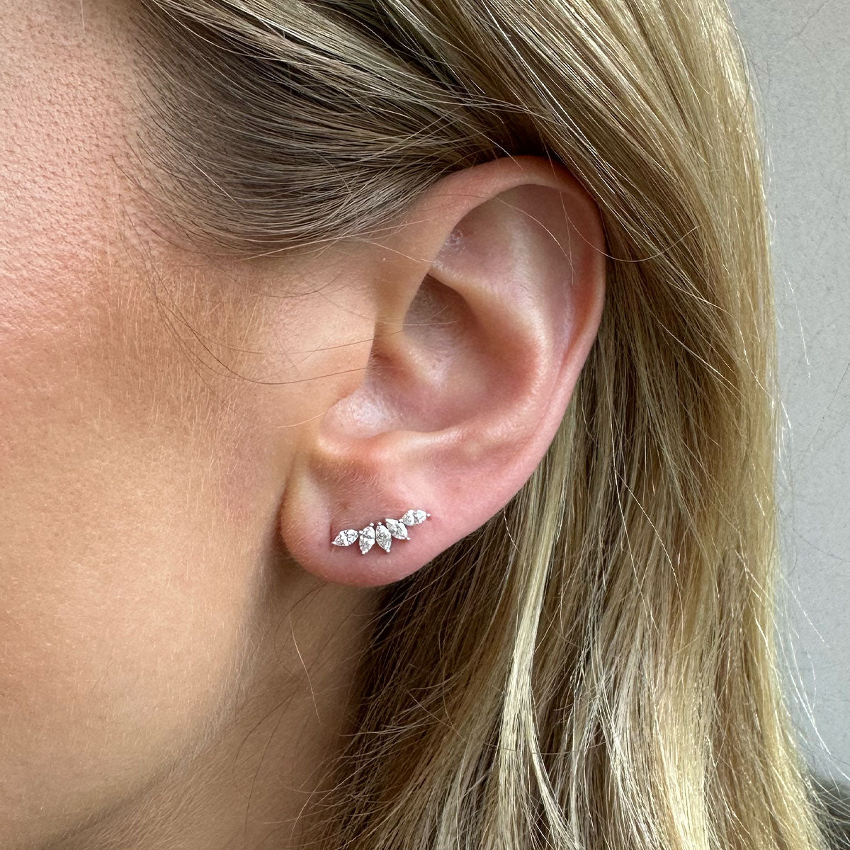 Diamond Marquise Fan Earring in 14k Yellow Gold Styled on Ear of Model